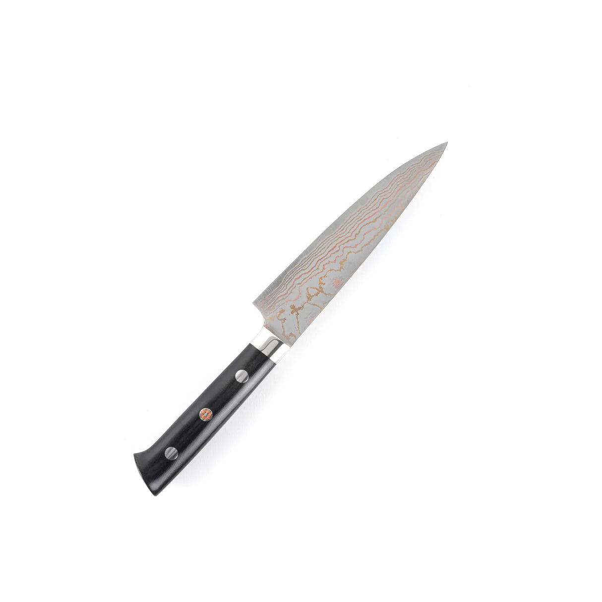 Takeshi Saji Rainbow Damascus Blue 2 Petty 135mm with Black Micarta Handle