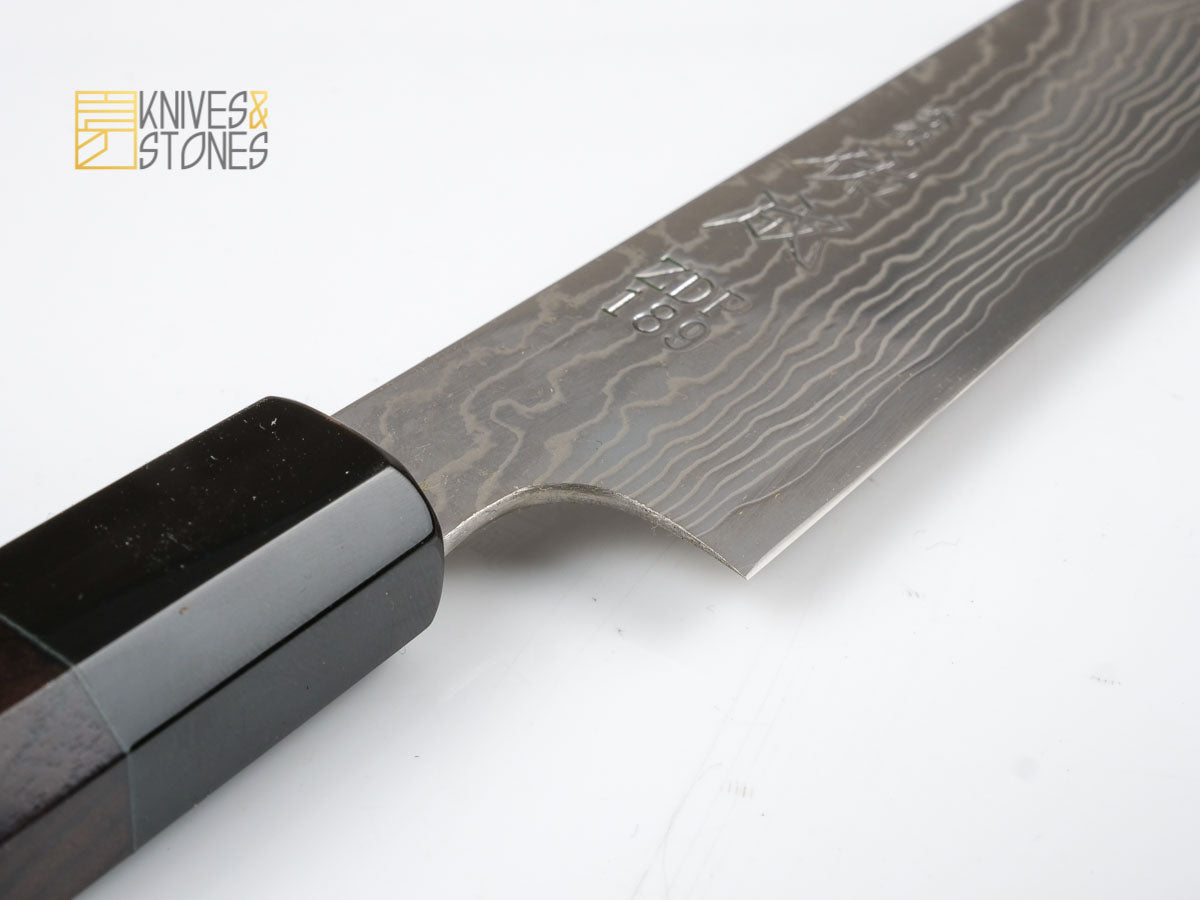 Sukenari ZDP189 Damascus Sujihiki 240 mm with K&S Ebony handle and FREE Saya