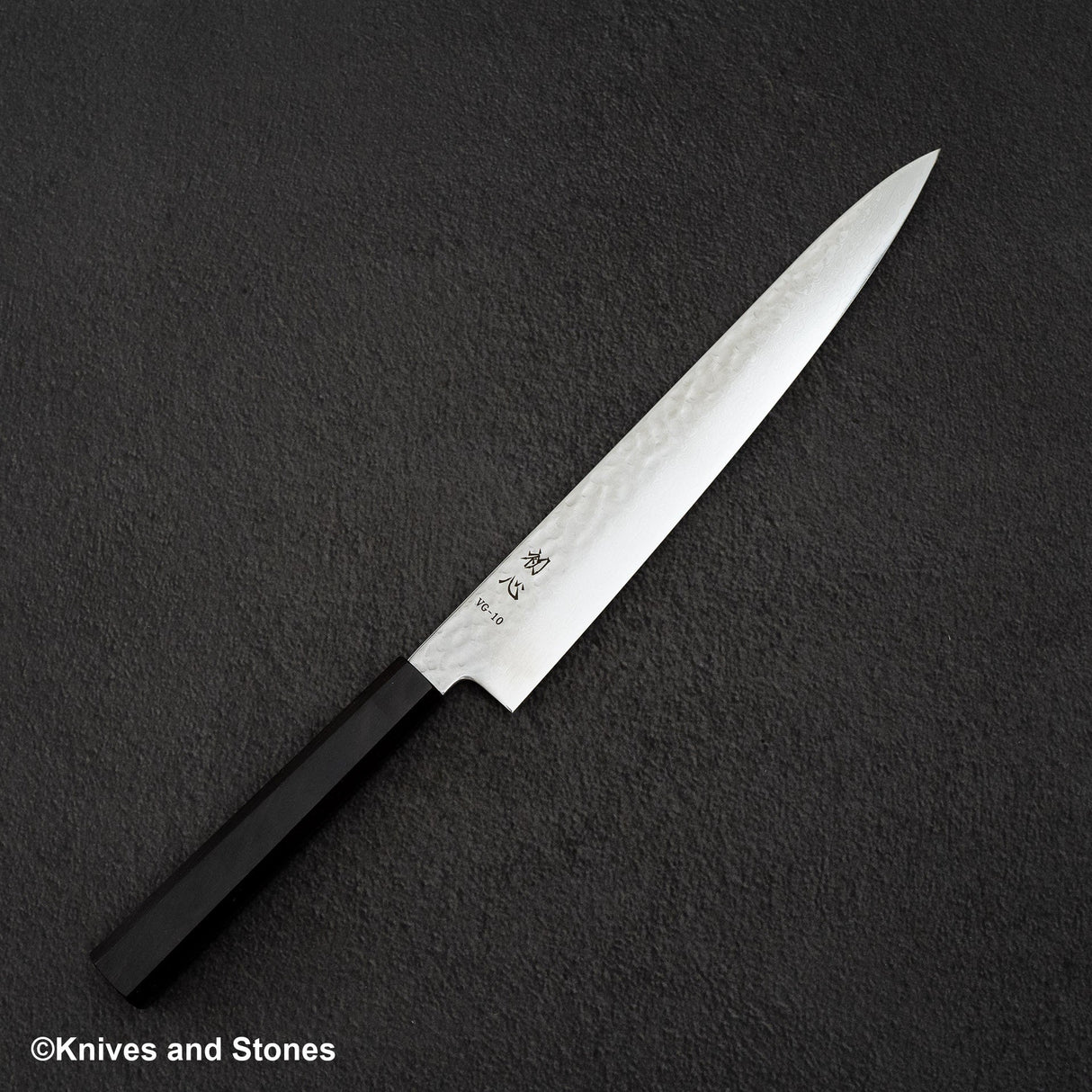Hatsukokoro Hayabusa VG10 Damascus Tsuchime Sujihiki 270mm Ebony Handle