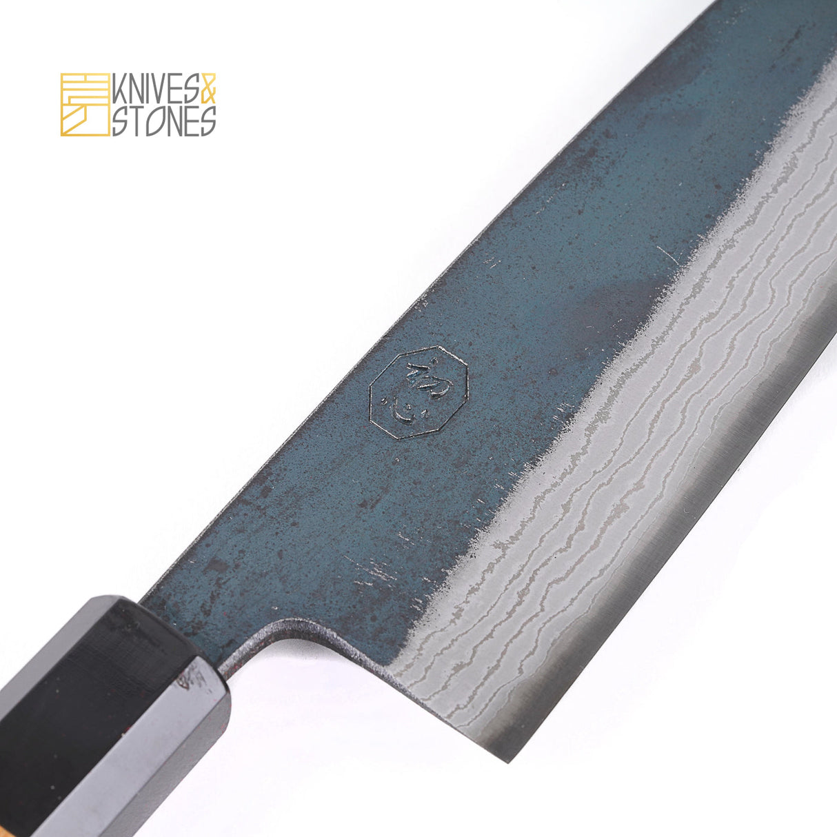 Hatsukokoro Blue 2 Damascus Santoku/Bunka 180mm with Kurouchi Finish and Teak Wood Handle