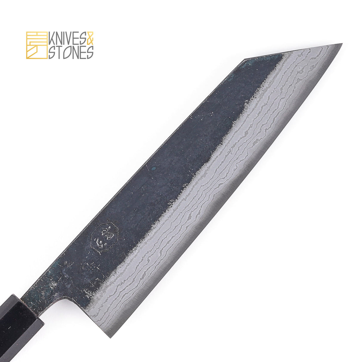 Hatsukokoro Blue 2 Damascus Santoku/Bunka 180mm with Kurouchi Finish and Teak Wood Handle