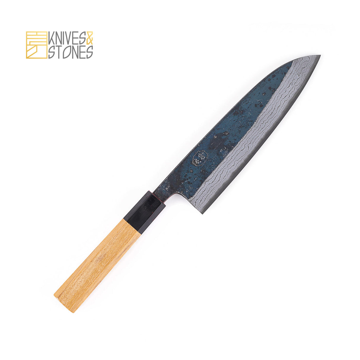 Hatsukokoro Blue 2 Damascus Santoku/Bunka 180mm with Kurouchi Finish and Teak Wood Handle