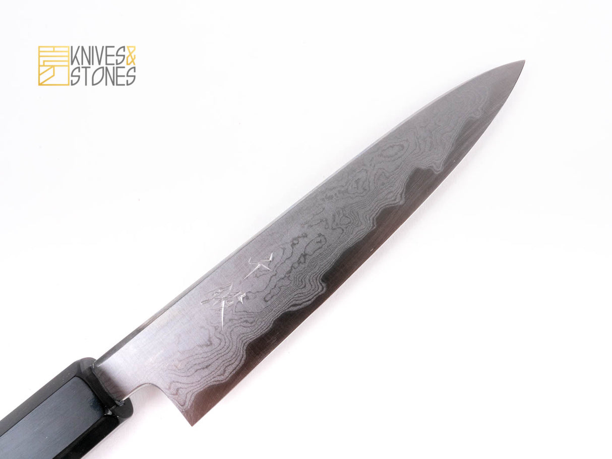 Sentan Blue 1 Damascus Petty 150mm with K&S Ebony handle, by Yoshikazu Tanaka